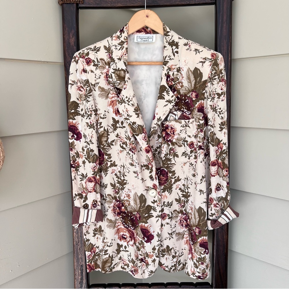 Samantha David Vintage Floral Blazer Jacket Womens Medium Neutral 80s 90s